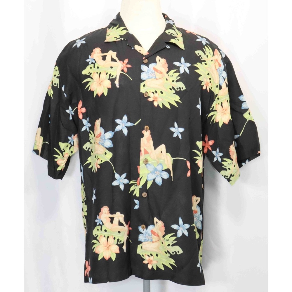 Tommy Bahama Silk Hawaiian Pineapple Bikini Pinup Girl‎ Camp Shirt Mens Size XL